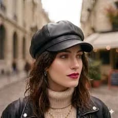 Boina Boné Estilo Francesa Preta PU em Couro Moda Outono Inverno Feminina Elegância Visual Sofisticado Fashion Premium