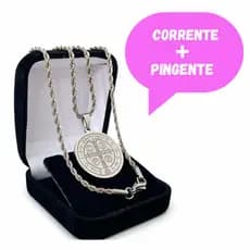 Corrente São Bento Masculina Aço Inox Pingente Medalha Prata Cordão Religios