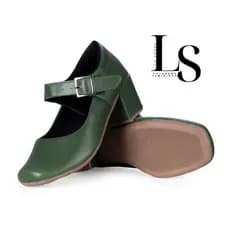 Sapato Feminino Fechado Sandália de Salto Bloco Estilo Boneca Verde Napa