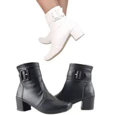 Bota feminina Fivela bico quadrado casual salto grosso