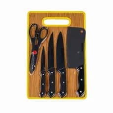 Jogo Conjunto Facas Cozinha Aço Inox 6 Peças Tábua Bambu Tesoura Amoladora