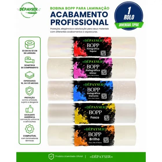 BOPP Laminação quente 22/32cmx50m Fosco Brilho Glitter Diamante Regular 18 24 25 Micras Dépayser