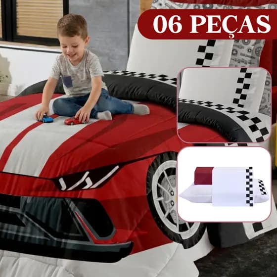 Kit Infantil 6 Peças Solteiro Estampa Carros Edredom Macio + Jogo de Lençol Premium Moderno