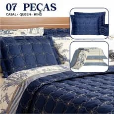 Kit 07 Peças Cama Colcha Cobre Leito + Jogo de Lençol Luxo Moderno Premium Porcelana Azul e Marsalla