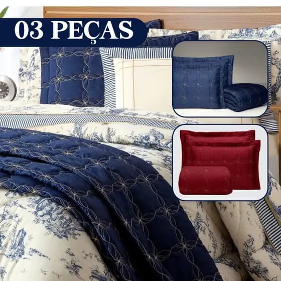 Cama Colcha Cobre Leito Premium Matelado Moderno 300 fios Porcelana QUEEN e KING 03 Peças - Azul / Marsalla