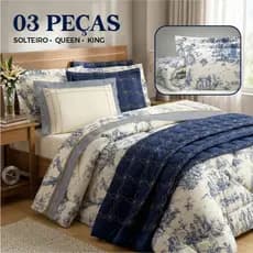 Edredom Solteiro 3 Peças Queen King Dupla Face Macio Quente Estampa Porcelana Azul Marsala
