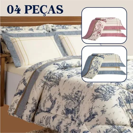 Jogo de Lençol 04 Peças 180 Fios Algodão Casal Queen King Estampa Porcelana