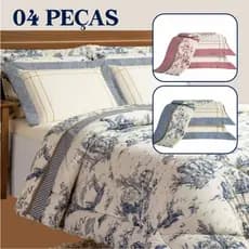 Jogo de Lençol 04 Peças 180 Fios Algodão Casal Queen King Estampa Porcelana