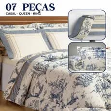 Edredom Dupla Face 07 Peças + Jogo Lençol Cama Casal Queen King Estampa Porcelana Azul/Marsalla