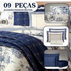 Cama 9 Peças Edredom + Lençol + Colcha Casal Queen King Estampa Porcelana Azul/Marsalla