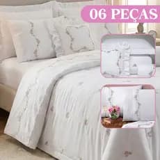 Colcha Cobre Leito Queen 6 Peças Percal Algodão Luxo Moderno Bouquet Macio e Confortável