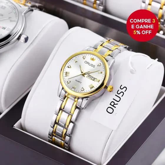 Relógio Analógico de Luxo À Prova D'água Oruss para Mulheres/homens com Duplo Calendário em Aço Inoxidável Prata/Dourado