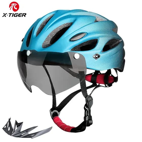 X-TIGER Capacete de bicicleta adulto com luz traseira LED, modo duplo, óculos para ciclismo, leve, respirável, capacete