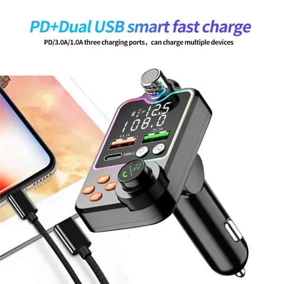 Novo Transmissor FM para Carro Bluetooth 5.0, Carregador Dual USB 3.1A + Tipo-C, Reprodutor MP3 Handsfree com Cartão TF