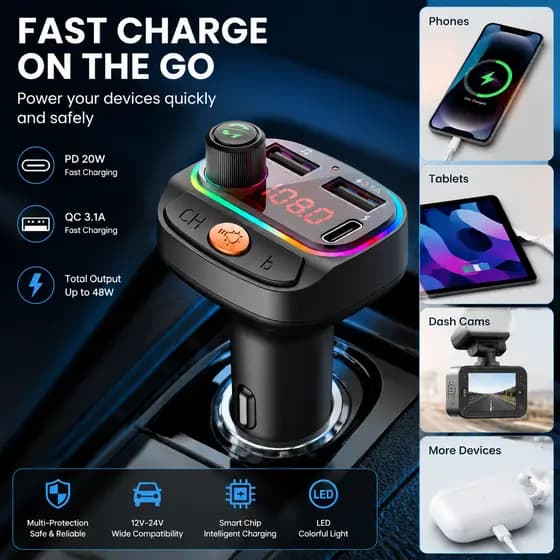 Transmissor Fm BLUETOOTH Dual USB Pd Type C Carregador Rápido Com Luz Ambiente Para Carro