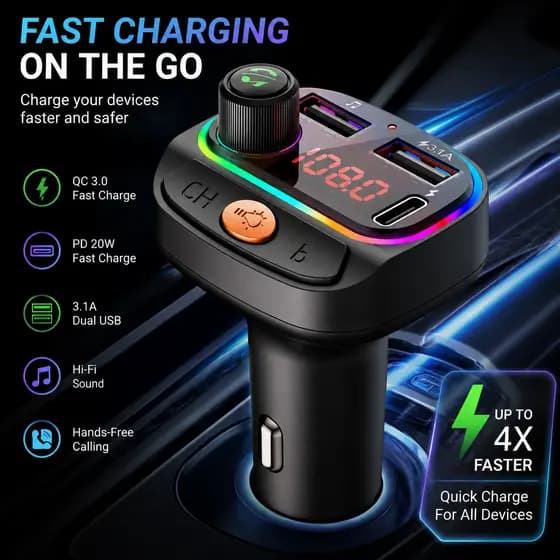 Bluetooth 5.0 Transmissor FM Handsfree Car Radio Modulador MP3 Player Carregador Rápido