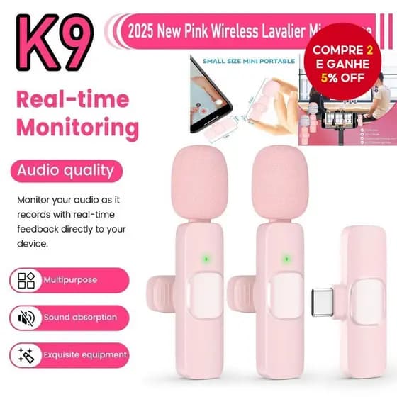 Microfone Sem Fio K9, Microfone de Lapela para Ensino, Mini Microfone para Vlog, Videoke e Transmissão ao Vivo