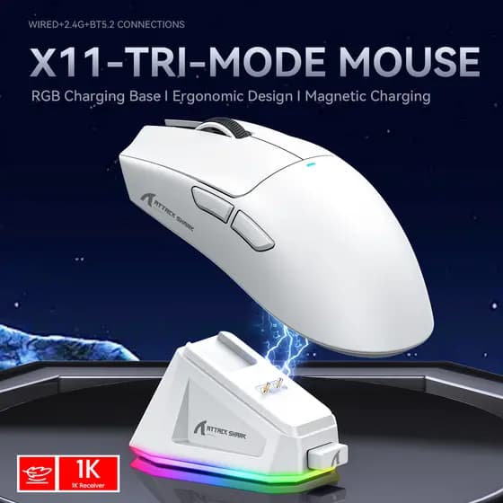 Mouse Gamer Sem Fio ATTACK SHARK X11, Tri-Modo 2.4G/BT5.0/USB-C com Fio, Sensor Óptico PAW3311 22000 DPI, Mouse