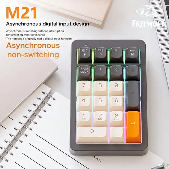 FREEWOLF M21 Teclado Numérico Sem Fio, 21 Teclas, Bluetooth 2.4G, Teclado Numérico com Luz de Fundo RGB, 950 mAh, para
