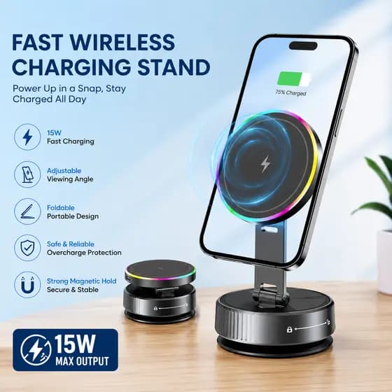 Suporte Magnético Veicular Sem Fio com Ventosa para Carregador e Telefone