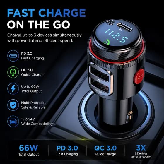 Novo Transmissor FM para Carro 30W PD e QC, Bluetooth 5.4, Viva-Voz, Reprodução USB e Carregamento Rápido