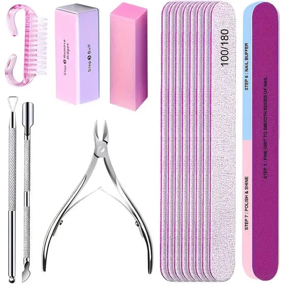 Kit-15Pcs Lixa de Unhas 100/180 Profissional, Bloco de Esponja, Tesoura, Pinça e Kit de Manicure com Cutícula e