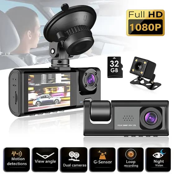 Câmera Veicular DVR 3 Lentes HD 1080P com Sensor G, Frontal e Traseira