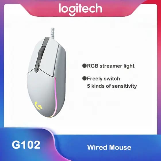 Mouse Gamer Logitech G102 Lightsync RGB 8000 DPI USB com fio, ergonômico, recarregável sem fio, compatível com PC