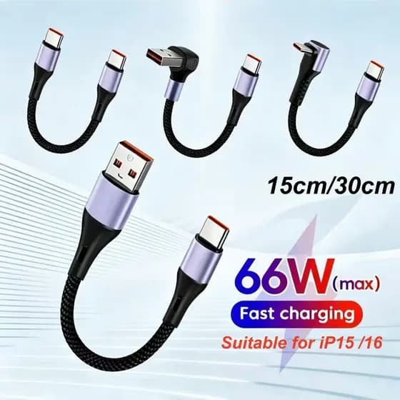 Cabo curto USB Tipo C para Tipo C 90 graus, 6A 66W, carga rápida, 15CM 30CM, para power bank, cabo USB C para Huawei