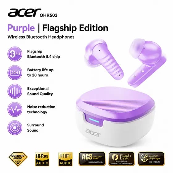 Fones de Ouvido Acer OHR503, Sem Fio Bluetooth, Cancelamento de Ruído, Fones de Ouvido Gamer TWS, Áudio HiFi, Baixa