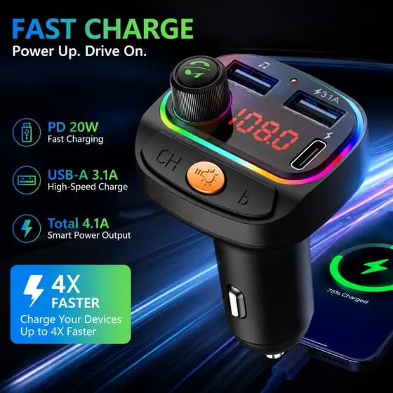BLUETOOTH 5.2 Transmissor Fm Carregador De Carro Com Viva-Voz Aux Mp3 Player 22.5w Pd 30w Carregamento Rápido Para