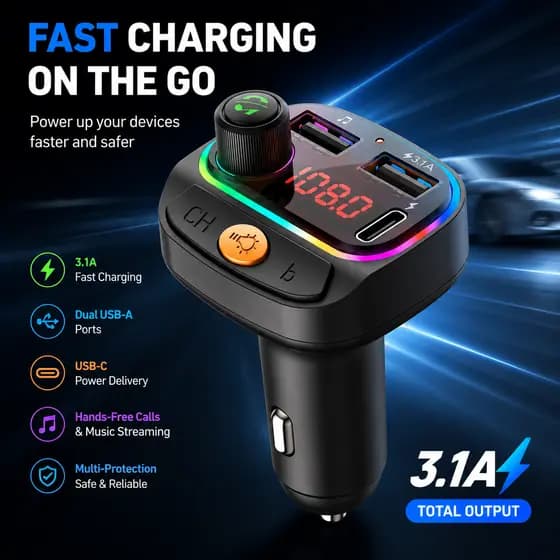 BLUETOOTH 5.2 Transmissor Fm Carregador De Carro Pd Qc3.0 Dual Player USB Tipo-c Luz Ambiente Mp3