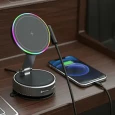 KILOARX Carregador Veicular Sem Fio RGB com Suporte a Vácuo – Compatível com Magsafe, Mãos Livres, Suporte Dobrável para