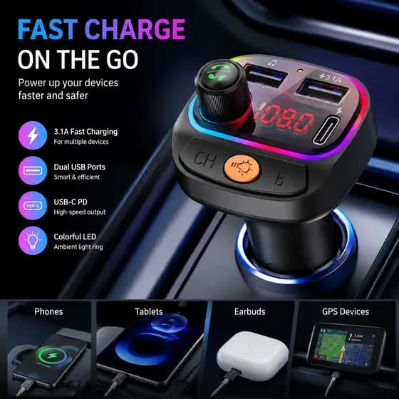 BLUETOOTH 5.3 Transmissor Fm Carro Aux Mp3 Player Handsfree Com 22.5 W USB Pd30w Carregadores De Carga Rápida Para
