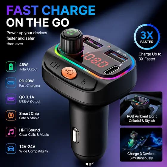 BLUETOOTH 5.3 Transmissor Fm Mp3 Player Adaptador De Carregador De Carro Suporte Cartão Tf U Disk Carregadores USB