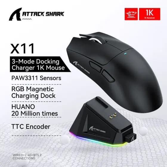 Mouse Gamer ATTACK SHARK X11 com Base de Carregamento Magnético, Sensor PixArt PAW3311, Bluetooth/2.4G Sem Fio/Com Fio