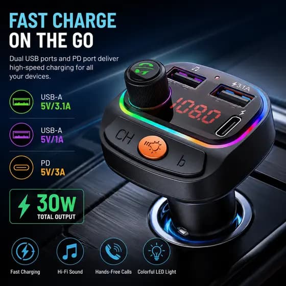 Transmissor FM Para Carro Bluetooth 5.2 18W Tipo-C PD Carregador Rápido De Telefone Viva-Voz MP3 Player