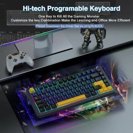 Teclado Mecânico Sem Fio AULA F75 75%, Teclado Cremoso Substituível a Quente, Switches Greywood Pré-Lubrificados,