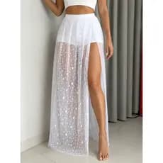 short com saia longa de tule poá com fenda branca estilo réveillon e praia saída de praia verão