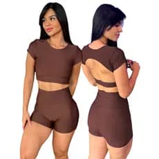 Conjunto Feminino Fitness Top Cropped Costa Aberta Short Zero Transparência Corrida Crossfit