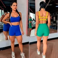 Conjunto Fitness Blogueira Short Curto e Top Cropped Verde e Amarelo Roupa de Academia Copa do Mundo 2026