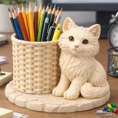 Organizador de Mesa Multiuso Gato Fofo Porta Lápis Caneta Maquiagem Pincel Decoração Escritório Penteadeira Presente Cri