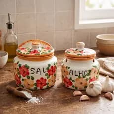 Kit Saleiro Porta Alho Cerâmica Artesanal Floral Organizador Cozinha Decoração Vintage Retro