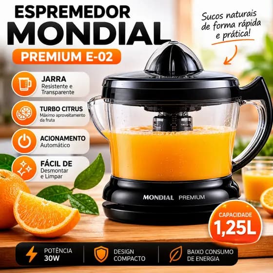 Espremedor Elétrico Mondial Premium E-02 30W Preto 127V para Suco de Laranja e Limão