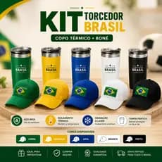 Kit Copo Térmico + Boné Brasil Torcedor Aço Inox