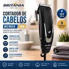 Máquina De Cortar Cabelo Britânia BCR03 18W Com 9 Acessórios Aparador Masculino 127V