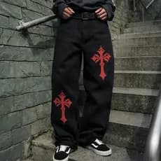 Calça Jeans Baggy Preta Cruz Balão Streetwear Masculina