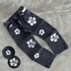 Calça Jeans Baggy Masculina Balão Premium Denim Floral Reta