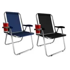 Kit Cadeira de Praia Alumínio Max + Porta Copos Suporta Até 140kg Zaka