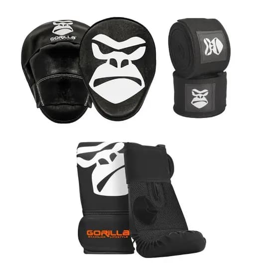 Kit Boxe Infantil Luva Bate Saco Pro Infantil + Manopla De Foco +Bandagem Elástica 2,5 Mts Gorilla